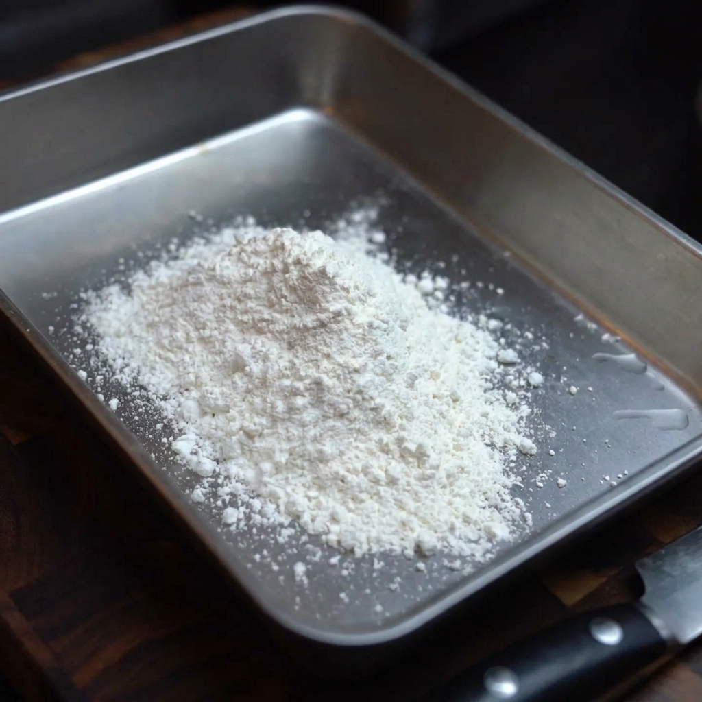 Un vassoio contenente una miscela di farina, pangrattato, parmigiano e spezie, mescolati insieme.