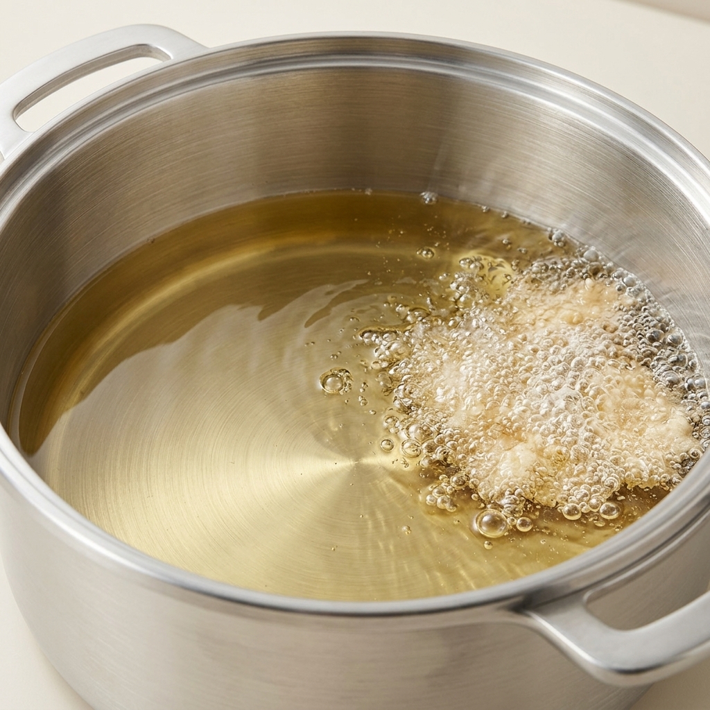 Pezzi di pollo che friggono in una pentola dolio caldo, mostrando sfrigolio e doratura.
