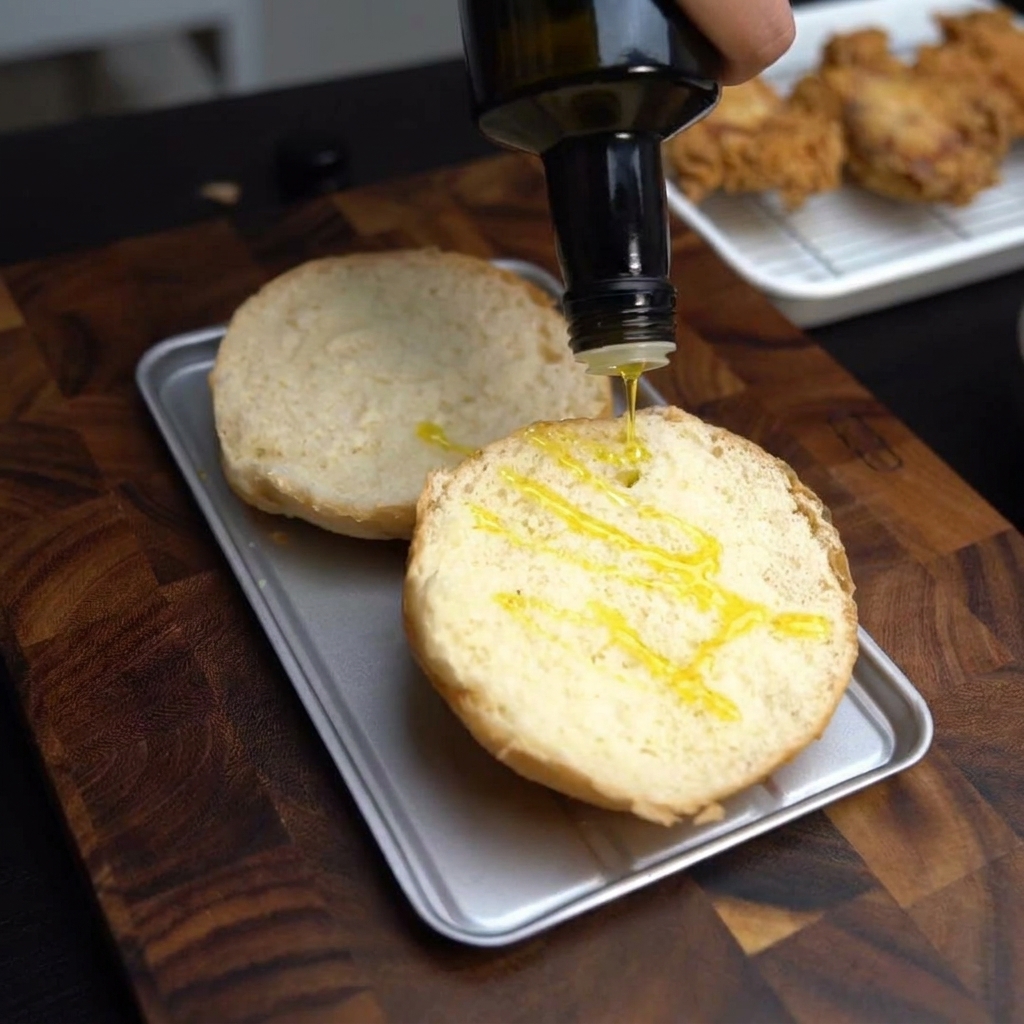 Metà di panini per hamburger su un vassoio di metallo bagnate con olio extravergine doliva.