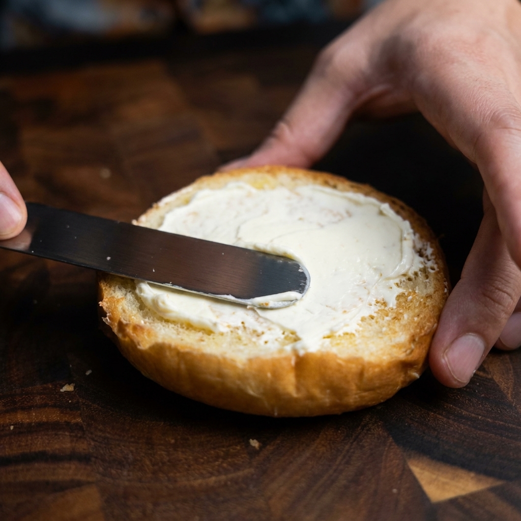 Un coltello che spalma uno strato denso di salsa cremosa al tuorlo duovo sulla superficie tostata di un panino.