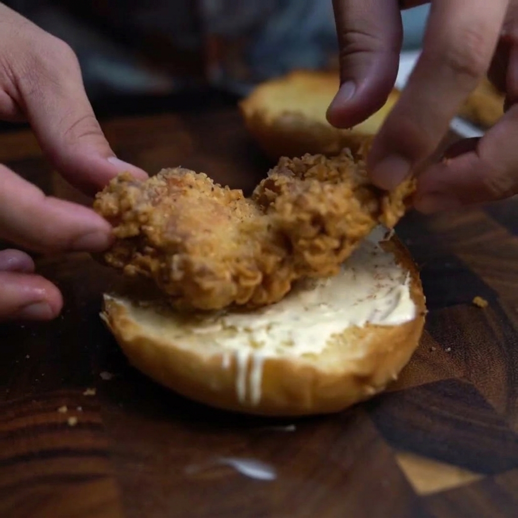 Pollo fritto croccante posizionato sulla base del panino, con una fetta di formaggio gialla stratificata sopra.