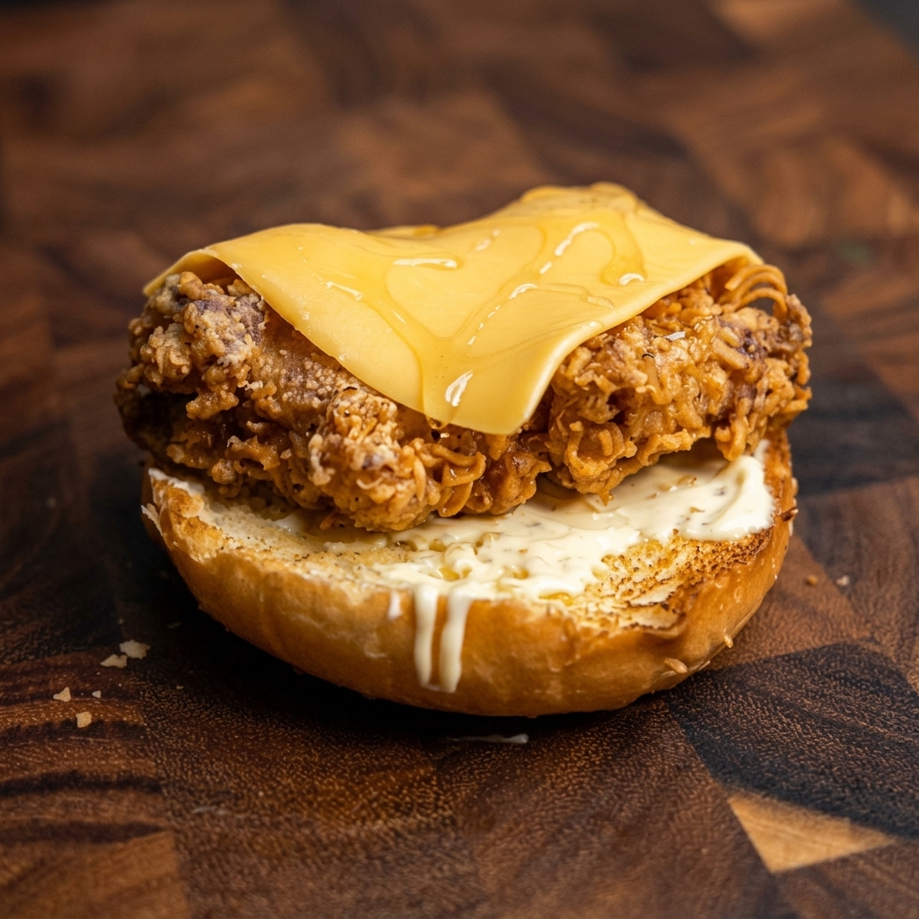Primo piano di una fetta di formaggio che si scioglie sul pollo fritto croccante sotto il calore di un cannello da cucina.