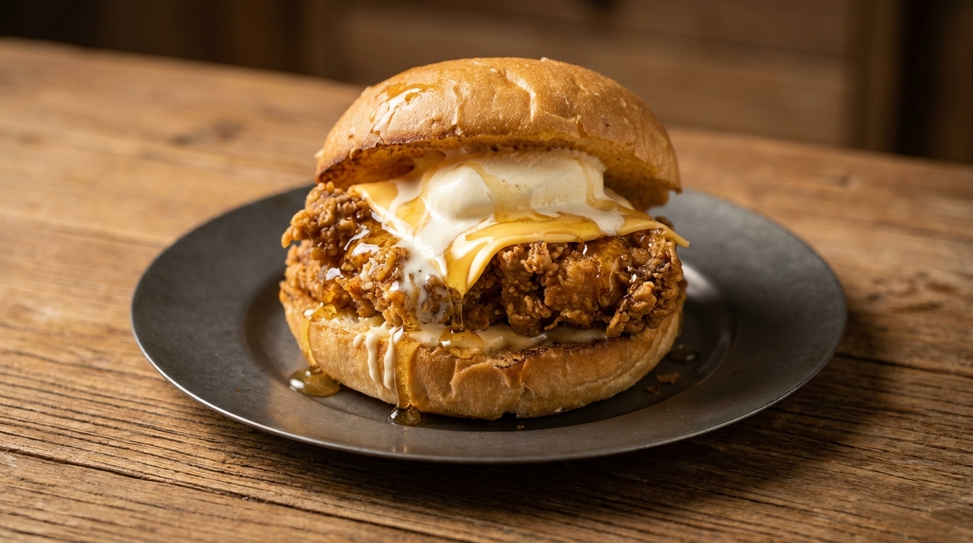 Un burger di pollo fritto croccante arricchito da una pallina di gelato cremoso e un filo di miele.