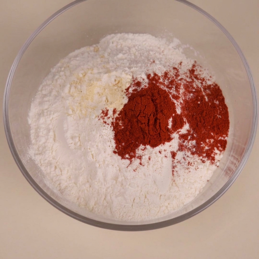 Farina mescolata con spezie in una ciotola di vetro, pronta per impanare il pollo.