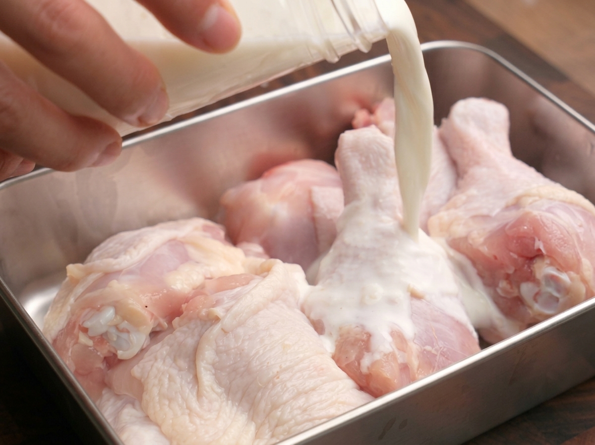 Versare la miscela addensata di latte e limone da un barattolo sopra le cosce di pollo crude in una teglia di metallo.