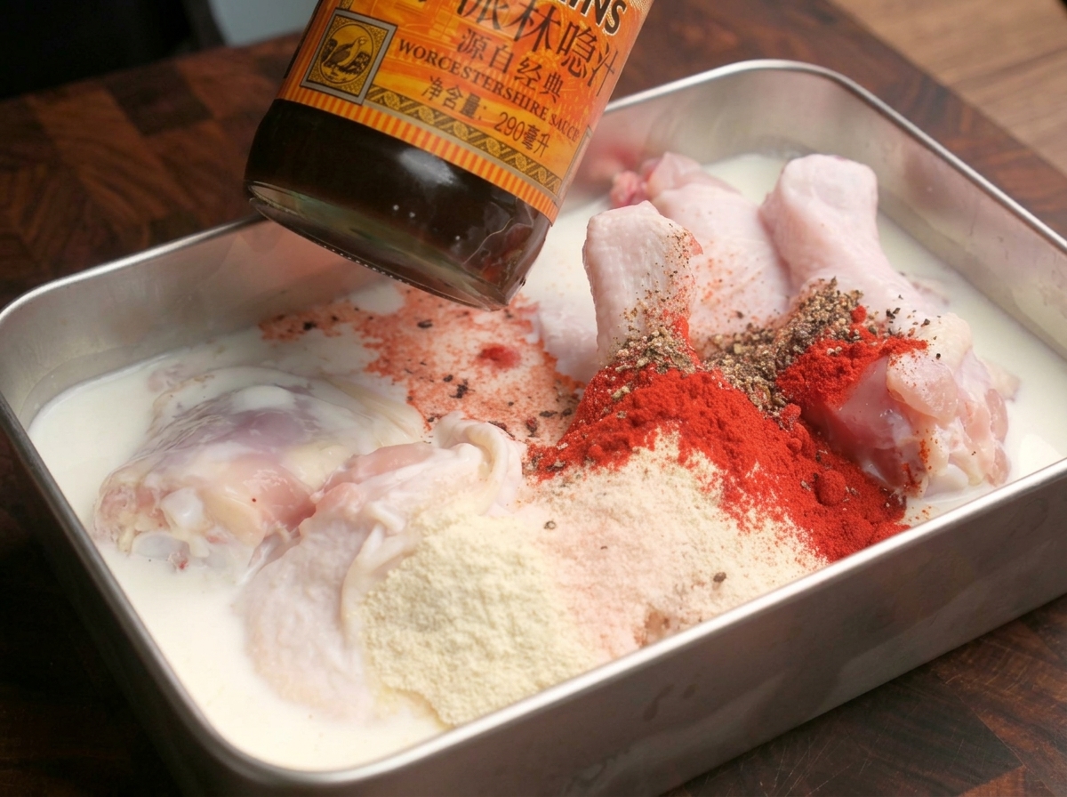 Versare gocce di salsa Worcestershire scura da una bottiglia sopra cosce di pollo crude in ammollo in una marinata al latte speziata.