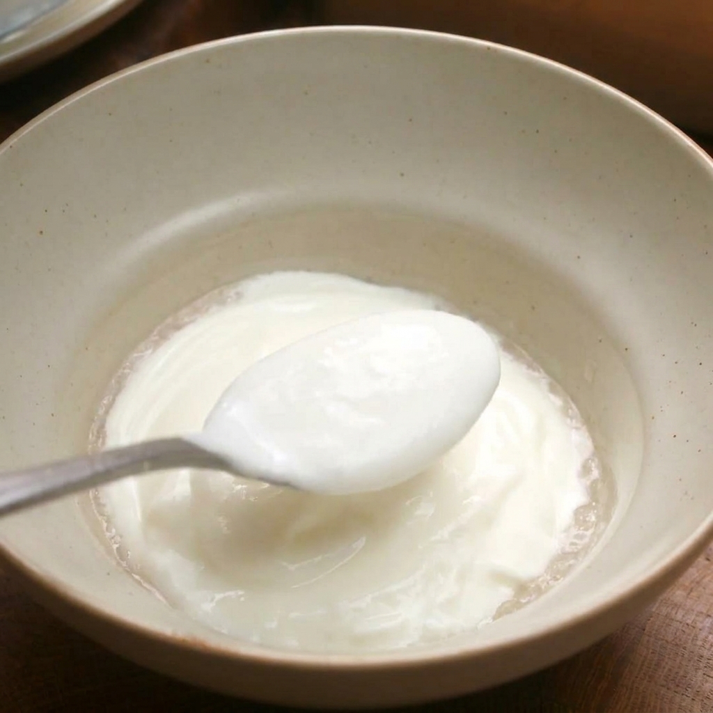 Un cucchiaio dargento che raccoglie yogurt bianco denso e non zuccherato in una ciotola di ceramica chiara.