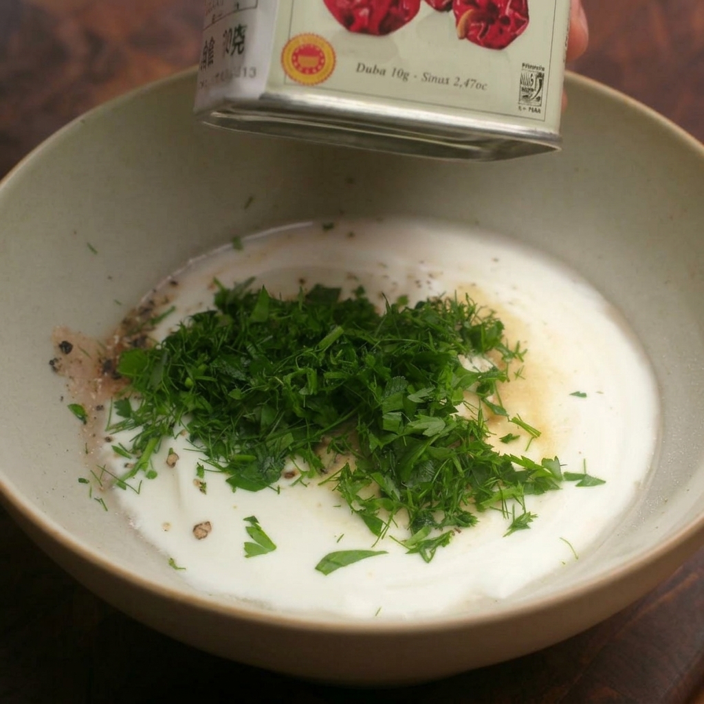 Spolverata di paprika affumicata da un barattolo sopra prezzemolo fresco tritato e aneto seduti su una base di yogurt cremoso in una ciotola.