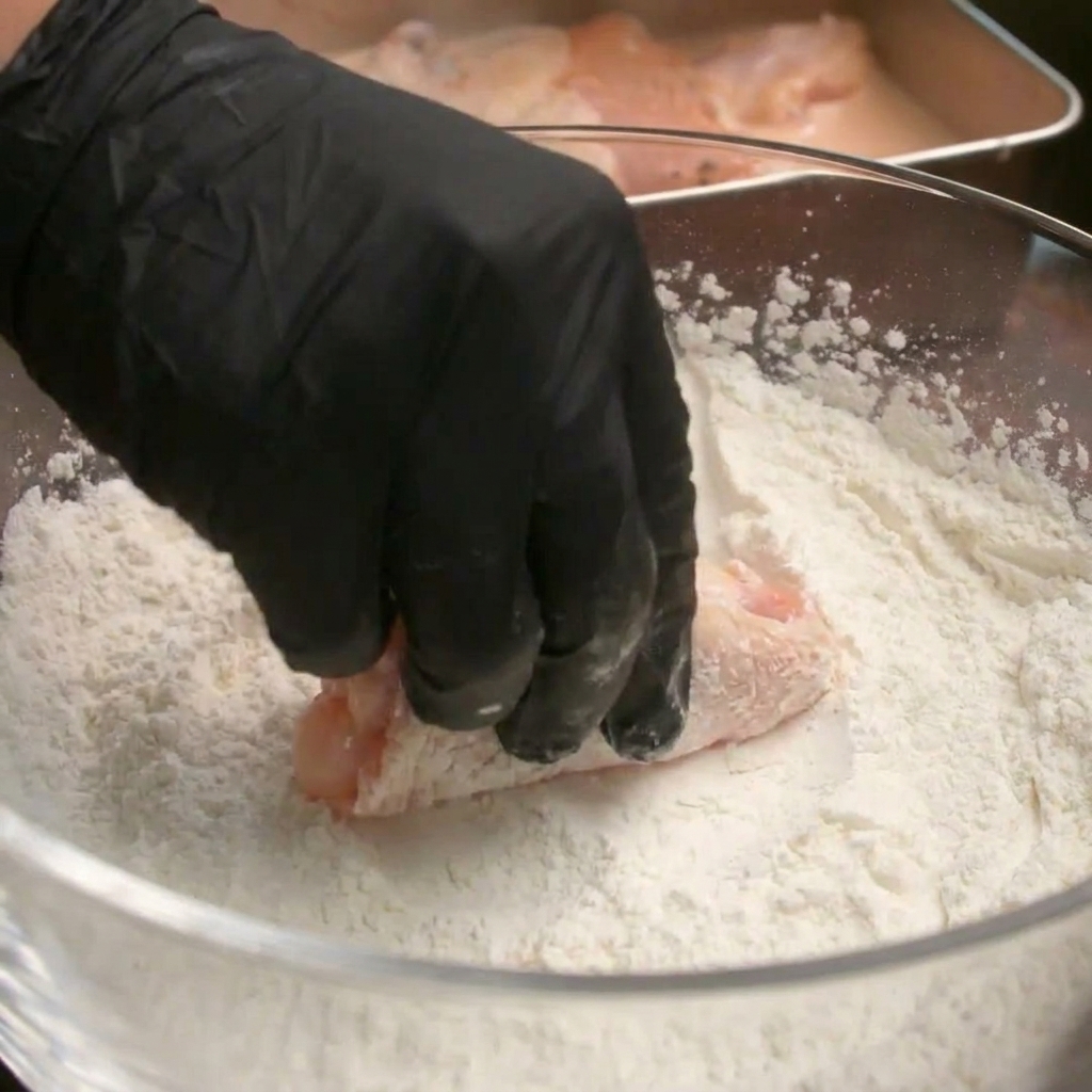 Una mano guantata che impana un pezzo di pollo crudo in una ciotola piena di miscela di farina.