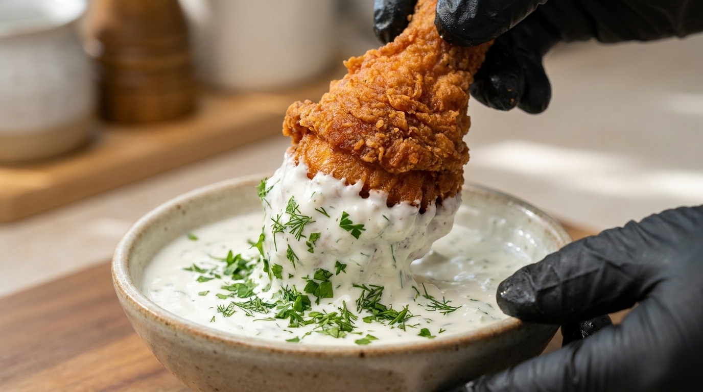 Pollo fritto croccante con salsa allo yogurt e cipolla