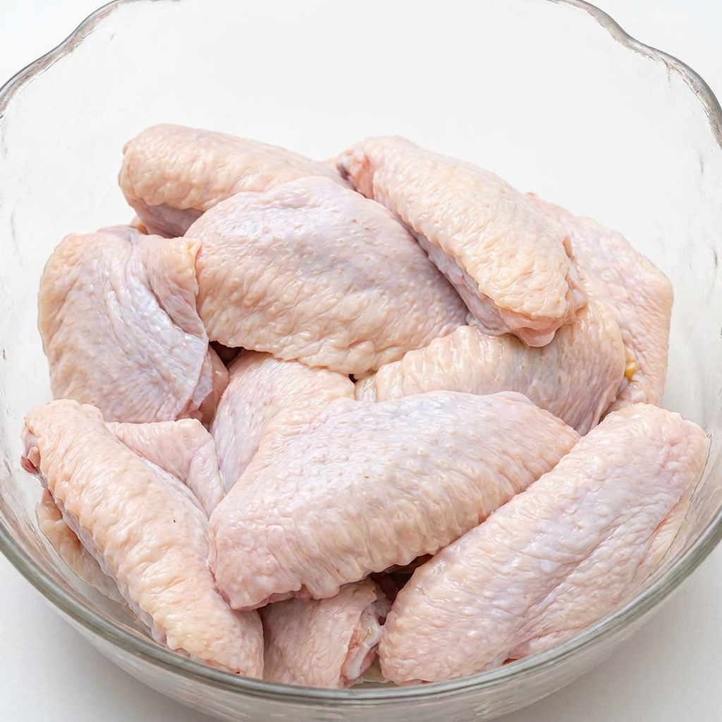 Un primo piano di ali di pollo condite con fette di zenzero visibili in una ciotola di vetro.