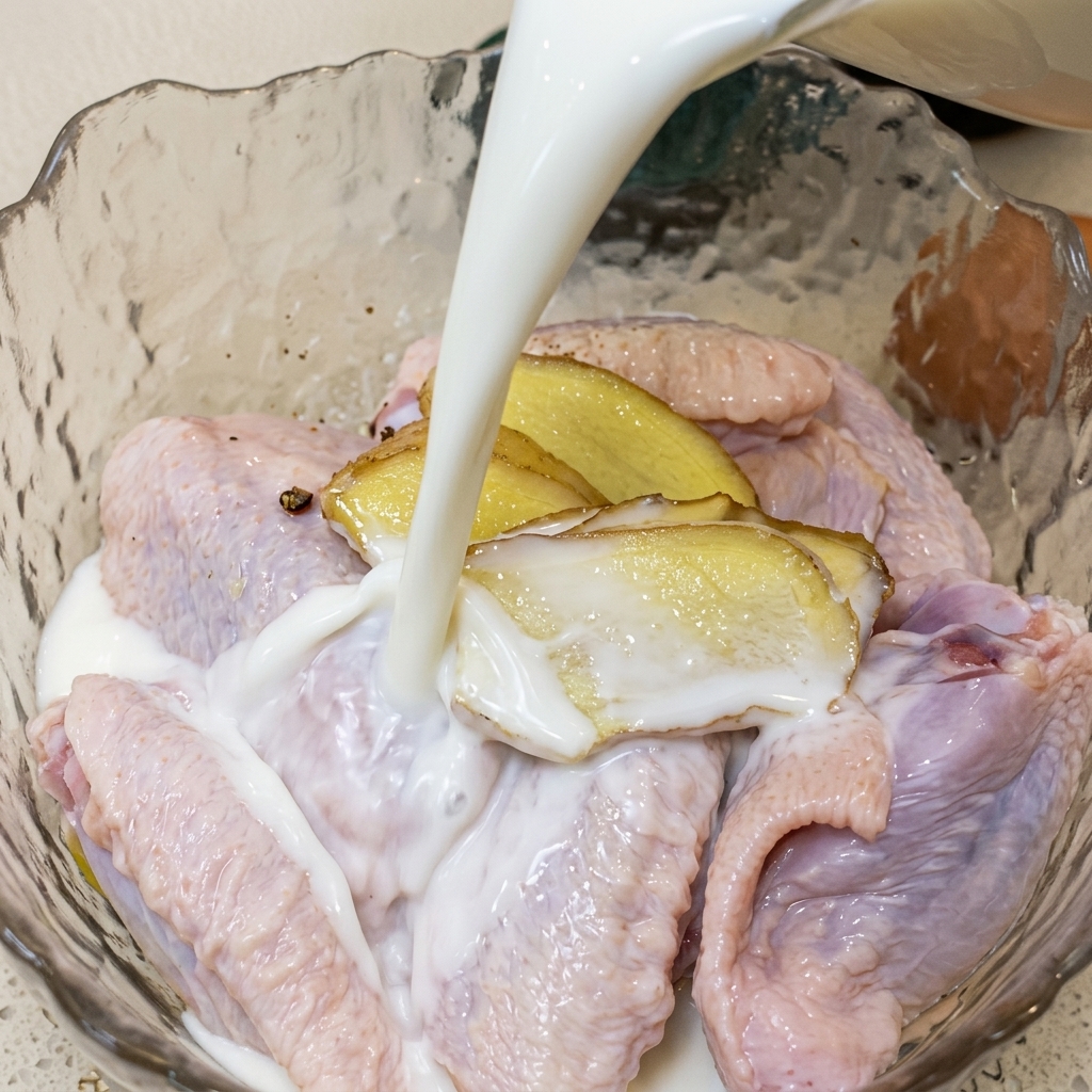Latte versato da una brocca in una ciotola di vetro contenente ali di pollo condite.