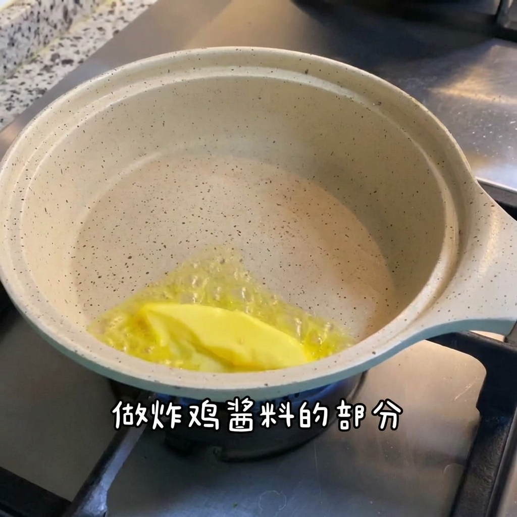 Un pentolino con burro, formaggio e altri ingredienti per la salsa mescolati sul fornello.