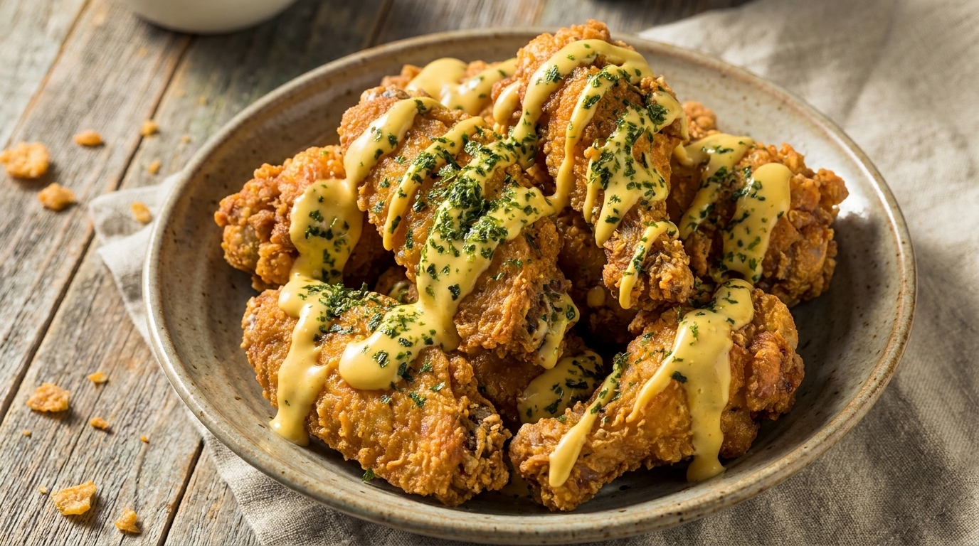 Pollo fritto al miele, senape e formaggio