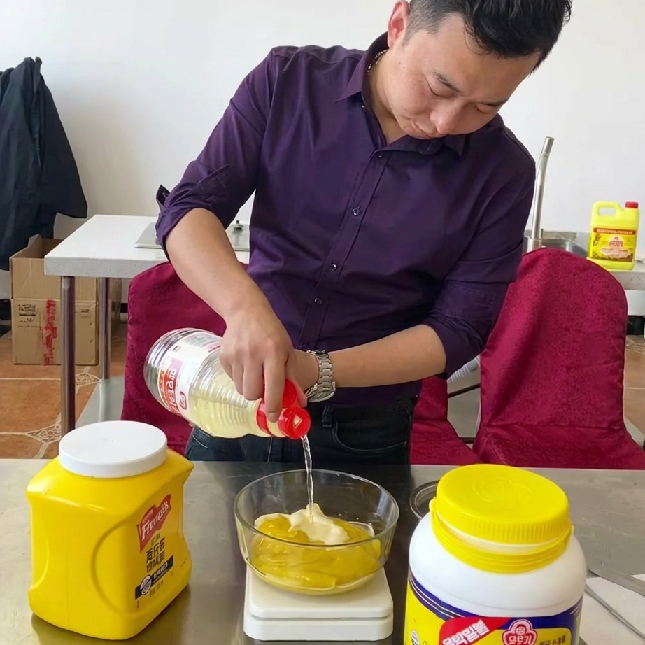 Primo piano degli ingredienti della salsa alla senape e miele mescolati insieme in una ciotola di vetro su una bilancia da cucina.