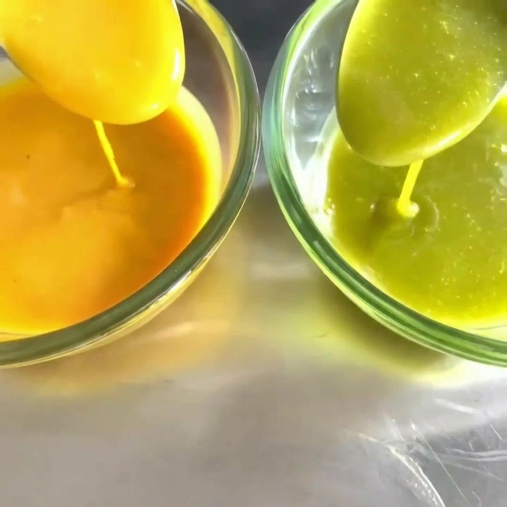 Primo piano di miele dorato versato in una piccola ciotola di vetro.
