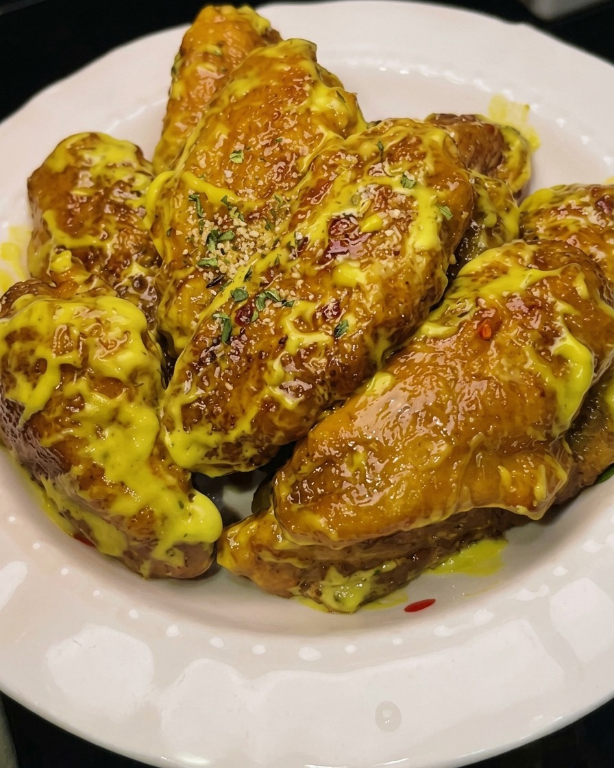 Ali di pollo impastellate che friggono in una padella di olio caldo e gorgogliante.