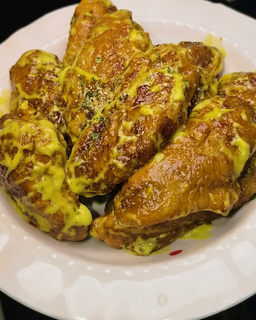 Ali di pollo dorate sollevate dallolio bollente con un colino.