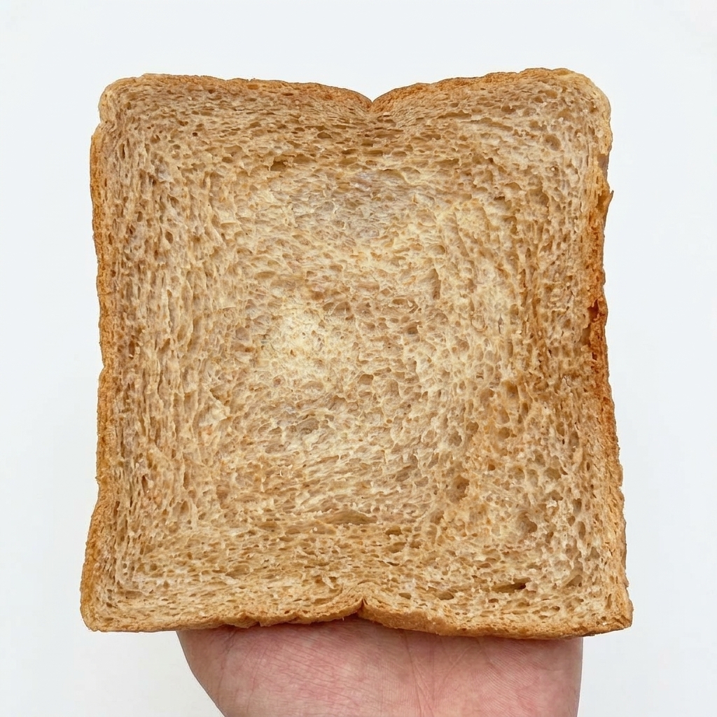 Una fetta di pane tostato su una superficie bianca, con la salsa di manzo speziata che viene spalmata con un cucchiaio di legno.