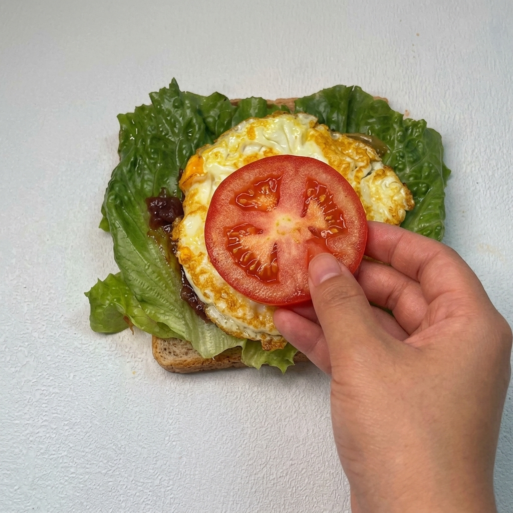 Una fetta rotonda di pomodoro fresco posizionata sopra un uovo fritto allinterno del panino.