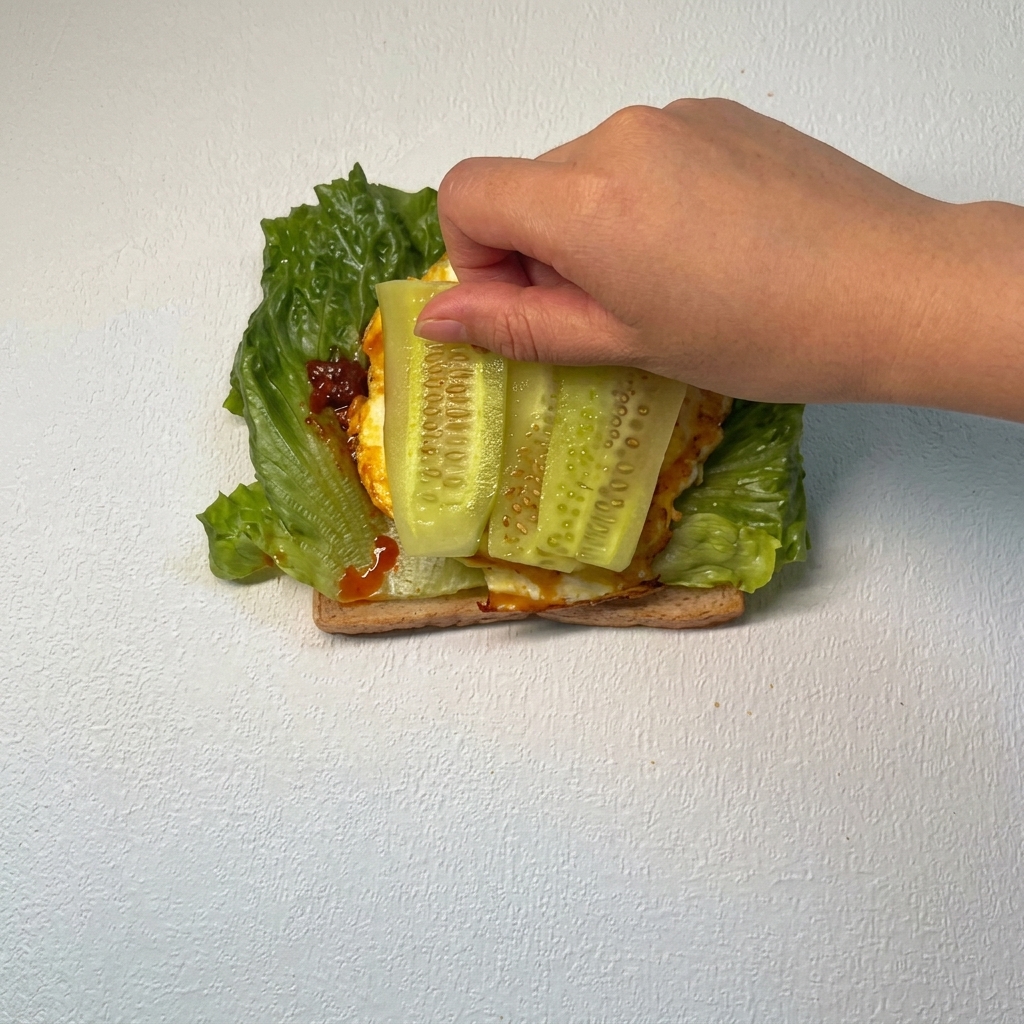 Tre fette di cetriolo verde fresco disposte accuratamente sopra una fetta di pomodoro allinterno del panino.
