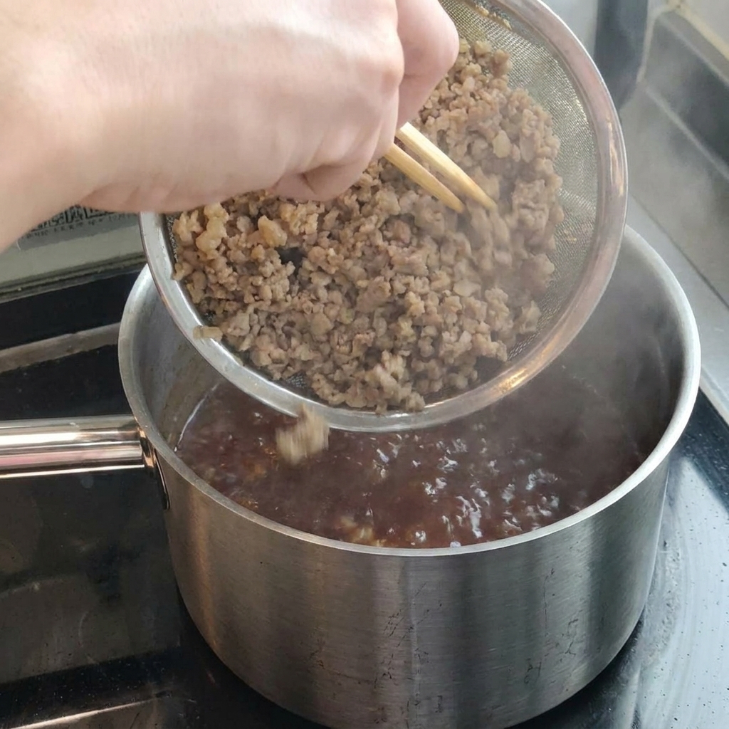 Macinato di maiale cotto aggiunto nel sugo bollente in pentola.