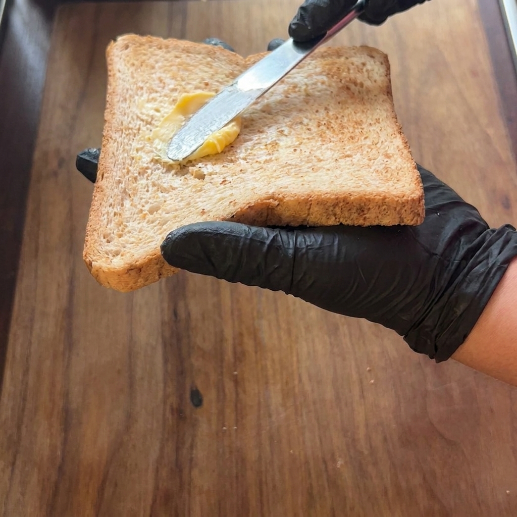 Due fette di pane spalmate di burro con un coltello.