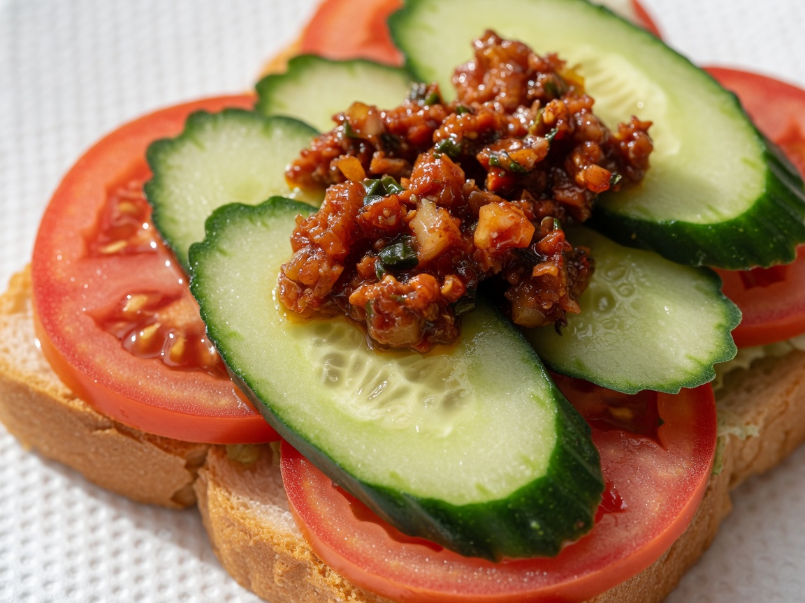 Un cucchiaio di ricco ragù di carne speziato distribuito sopra le verdure a strati sul pane tostato.