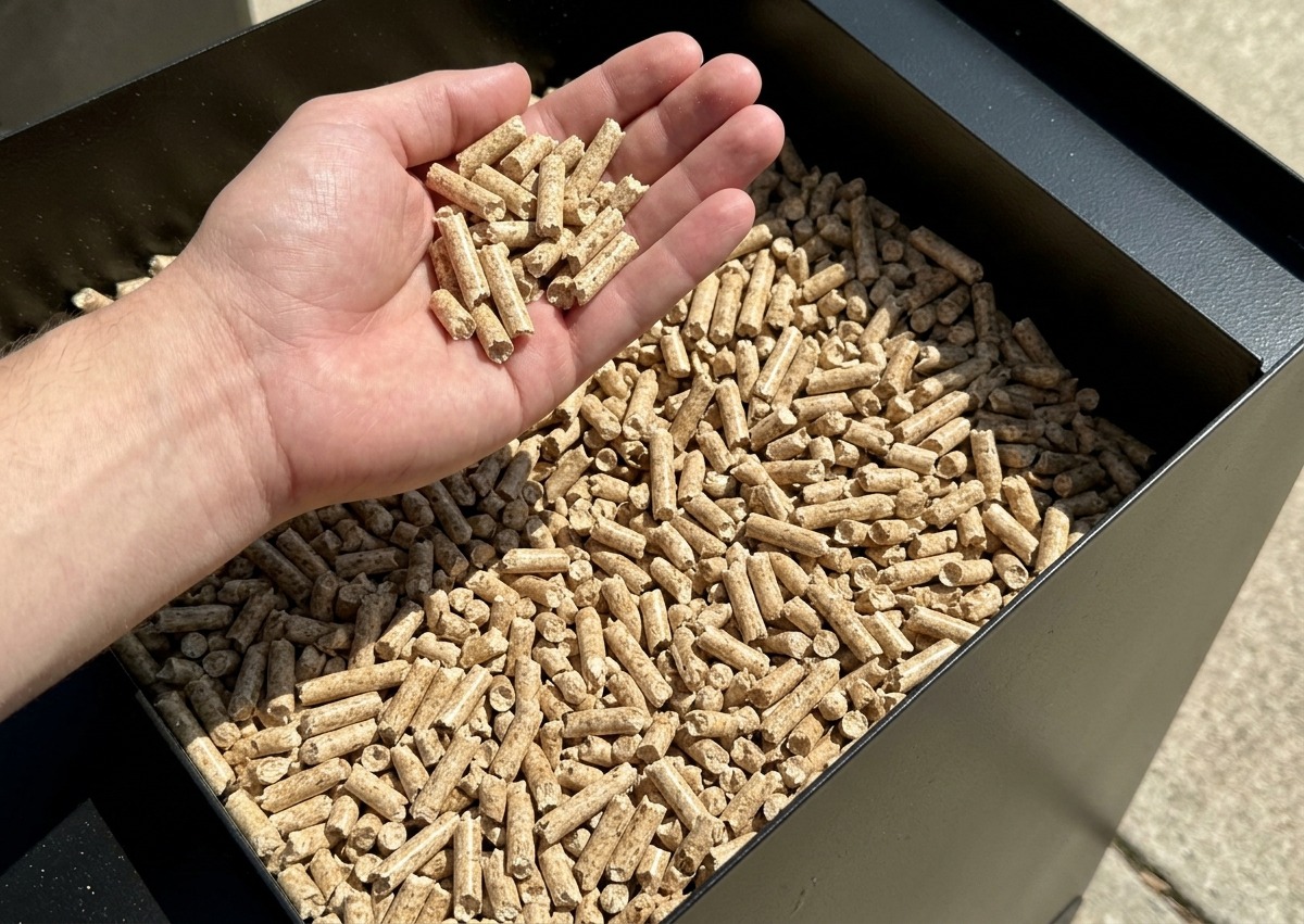 Una mano che tiene una manciata di pellet di legno sopra la tramoggia di un grill a pellet.