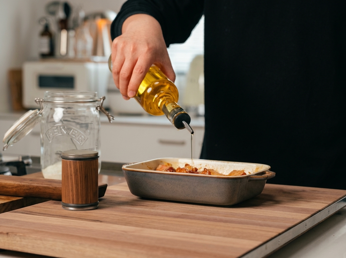 Olio di semi versato sulle costolette di maiale condite.