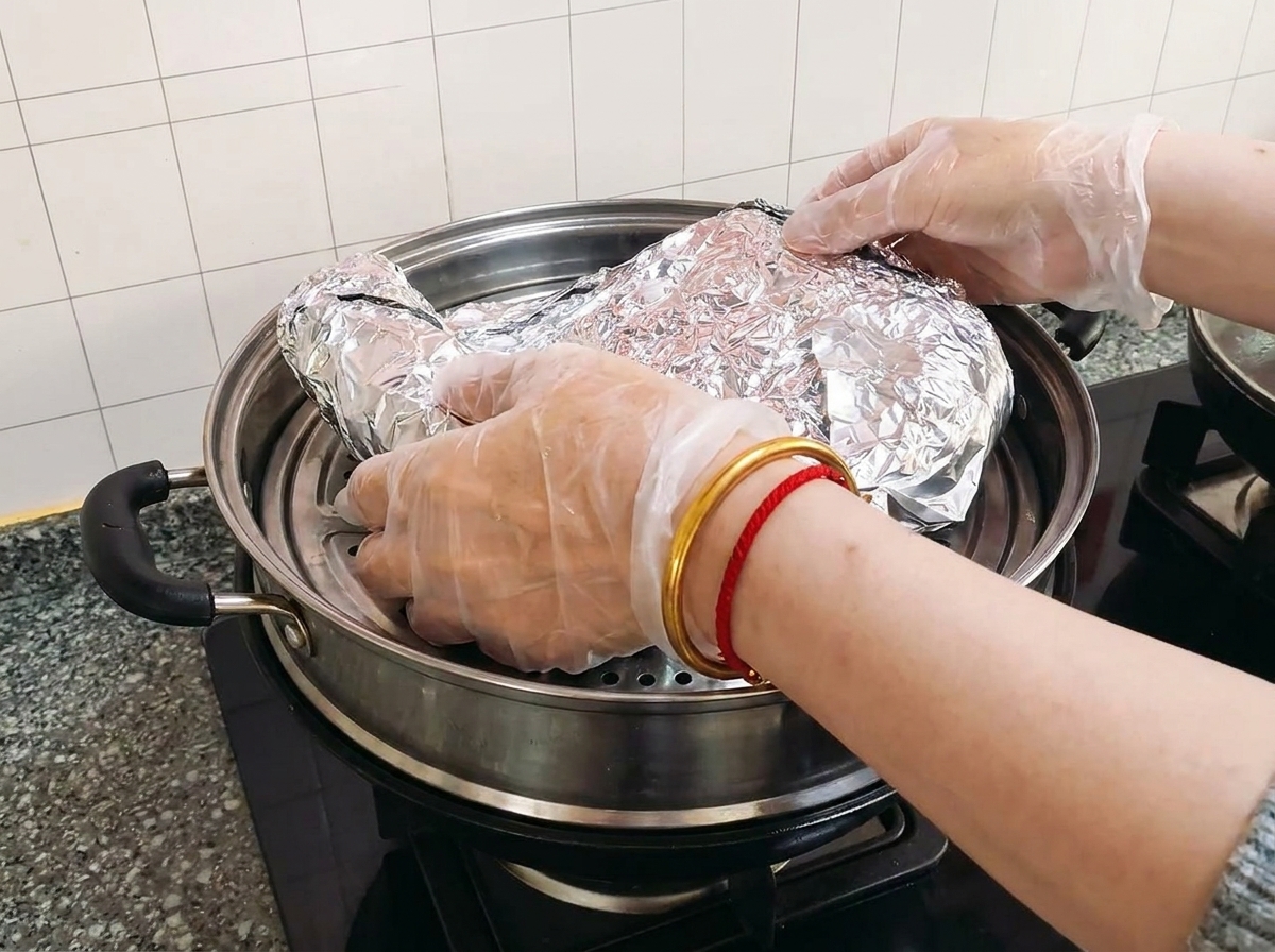Costine avvolte nellalluminio su una vaporiera dentro una pentola grande.