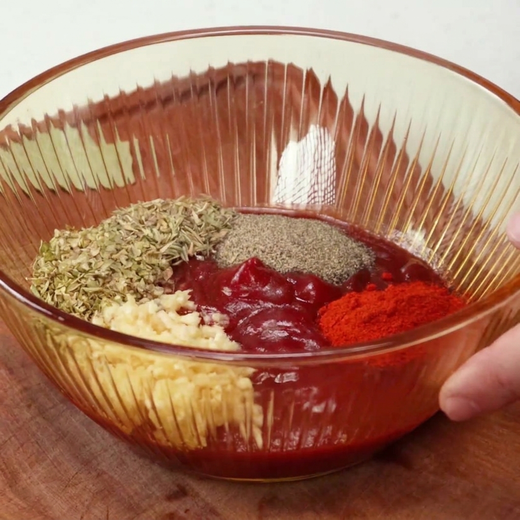 Una ciotola di vetro trasparente contenente una densa base rossa di ketchup guarnita con aglio tritato, origano secco, pepe nero e paprica in polvere.