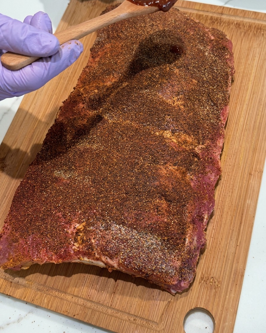 Una mano guantata che tiene un cucchiaio di legno, spalmando la salsa BBQ scura su un rack di costine già coperto dal rub di spezie.