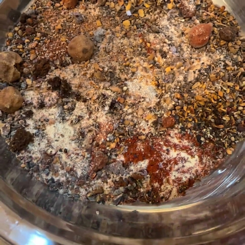 Una forchetta in una ciotola di acciaio inox che mescola varie spezie in polvere e zucchero di canna.