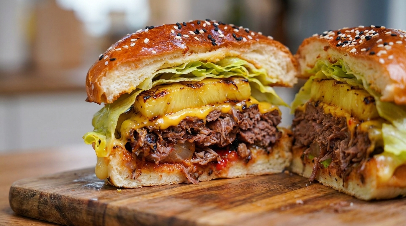 Un hamburger gourmet di brisket di manzo affumicato tagliato a metà, che rivela strati di formaggio fuso, ananas grigliato e saporita carne di manzo su un panino tostato.