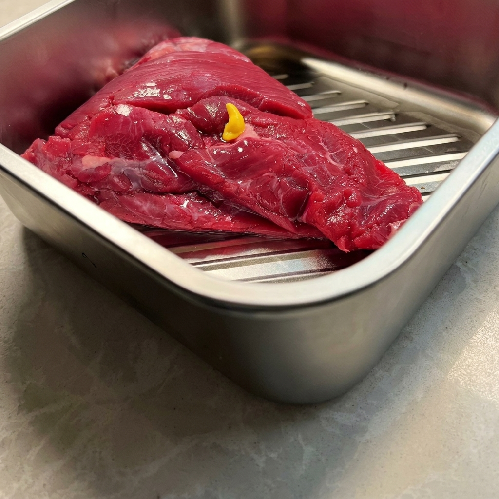 Primo piano di punta di petto di manzo cruda su un vassoio di metallo con un po di senape gialla stesa sulla superficie.