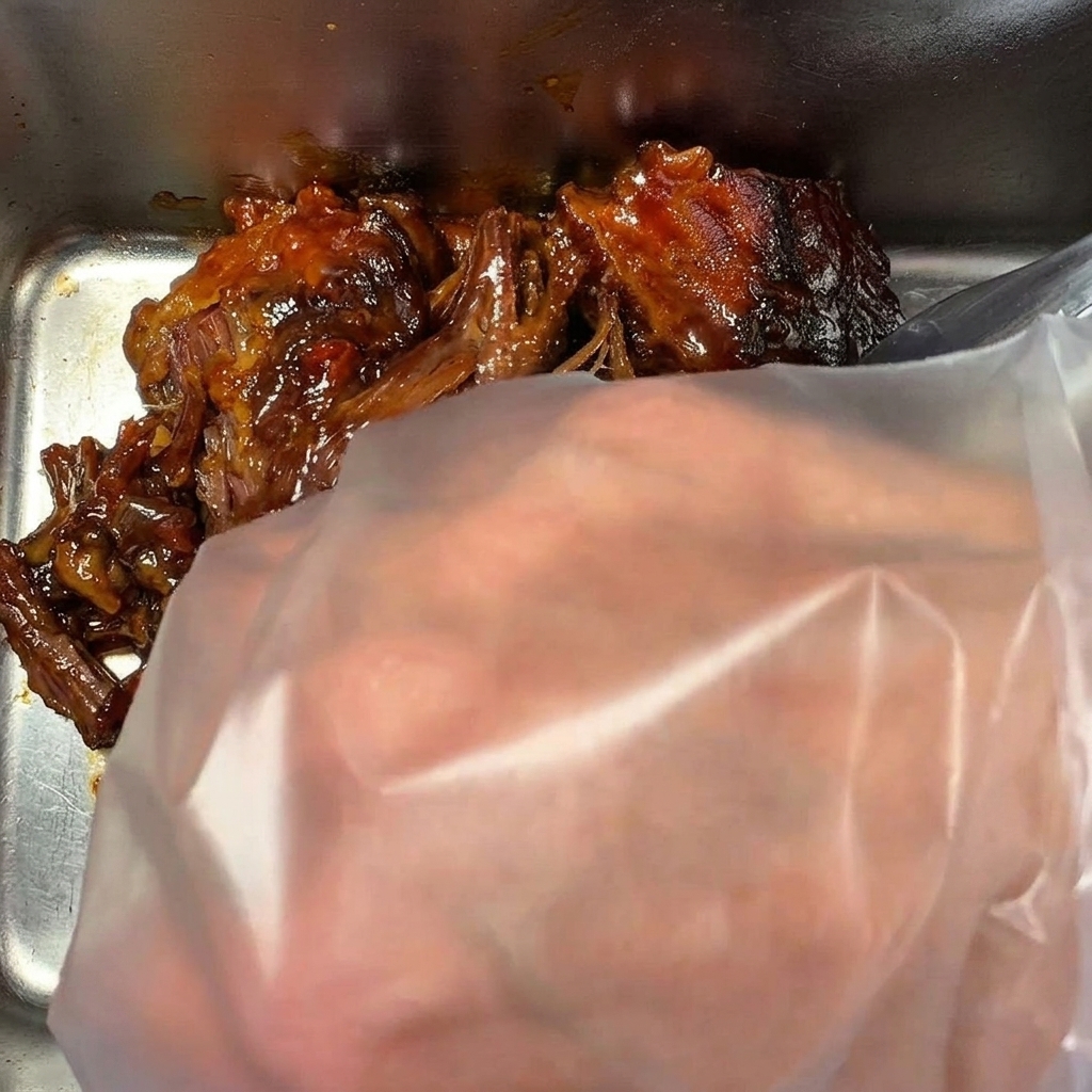 Primo piano di mani con guanti che strappano un grosso pezzo di punta di petto di manzo cotta, di colore marrone scuro.