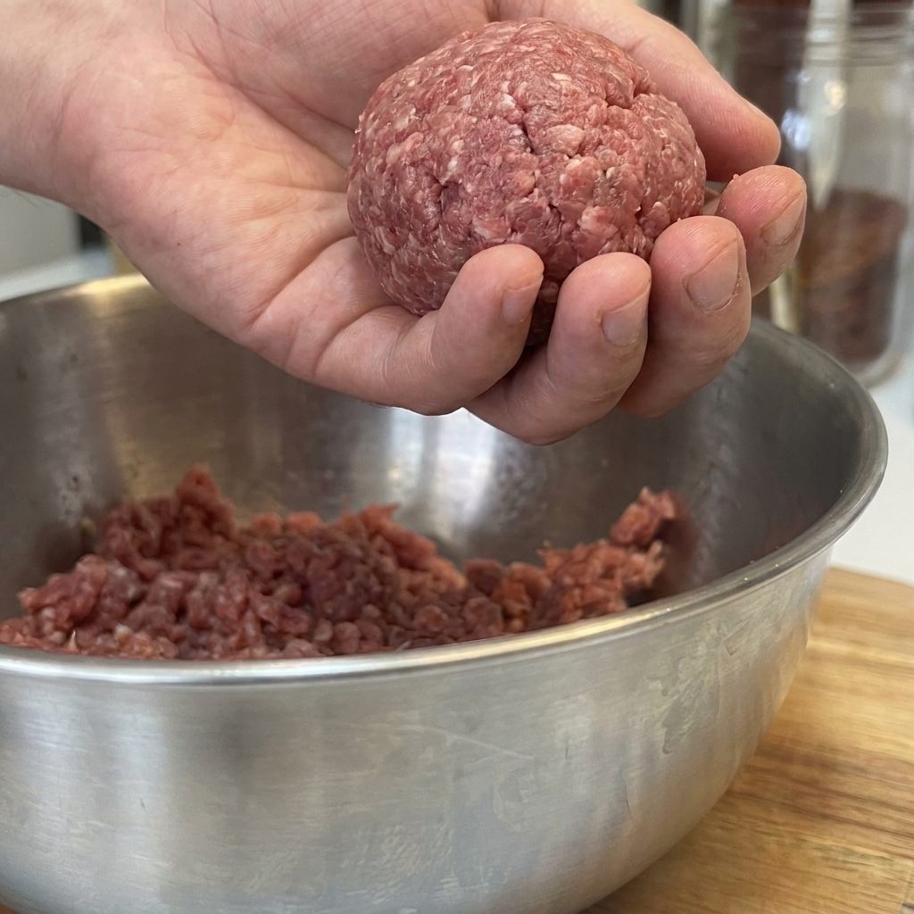 Una pallina di 120g di manzo macinato mentre viene modellata a forma di hamburger tra i palmi delle mani.