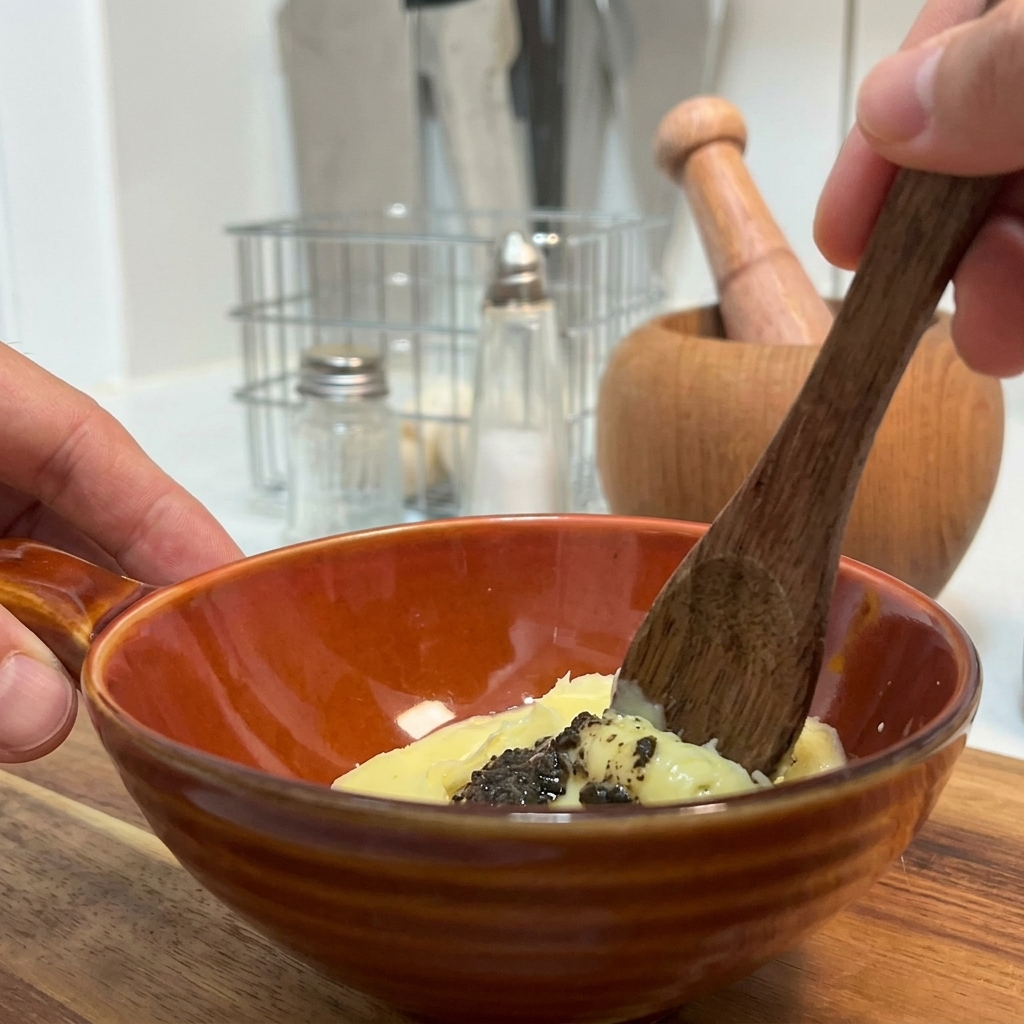 Maionese, senape e salsa al tartufo nero mischiate insieme in una piccola ciotola marrone.