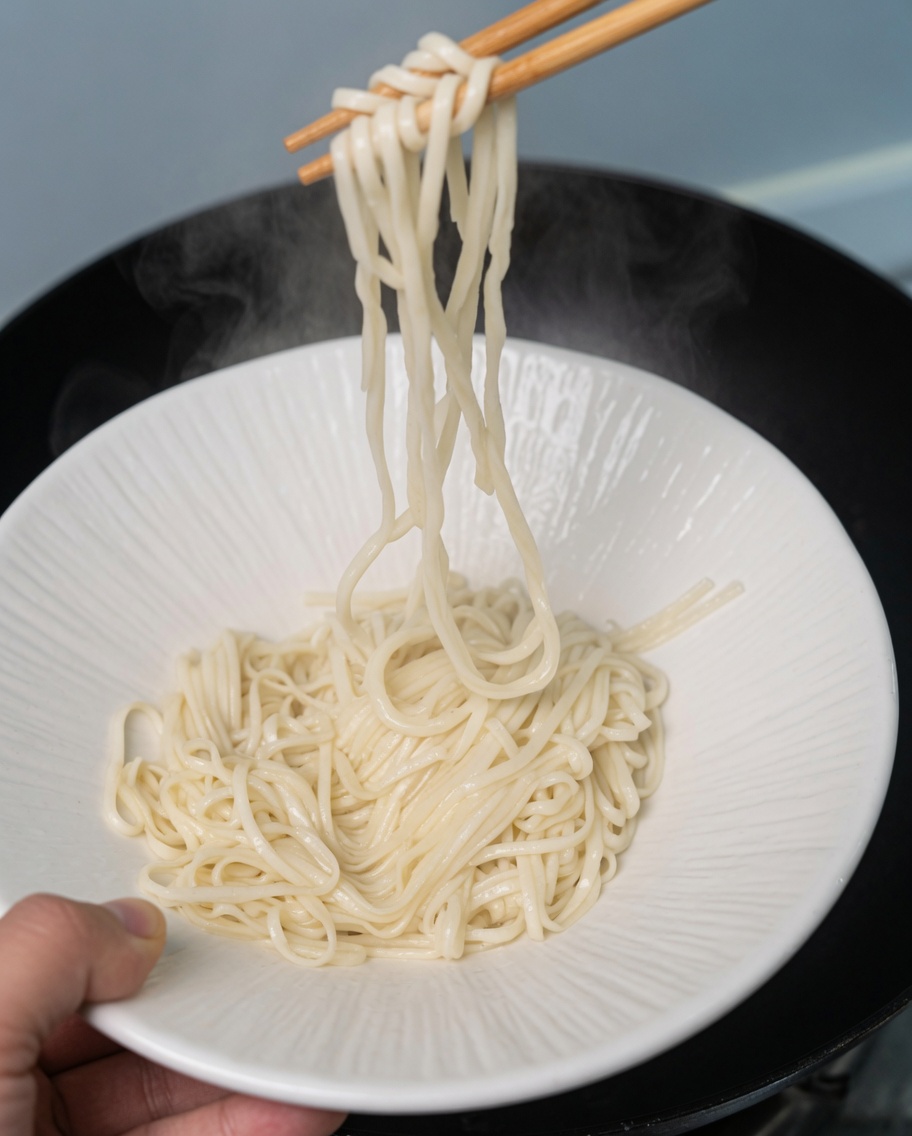 Noodles e verdure cotti prelevati da una pentola con le bacchette in una ciotola bianca.