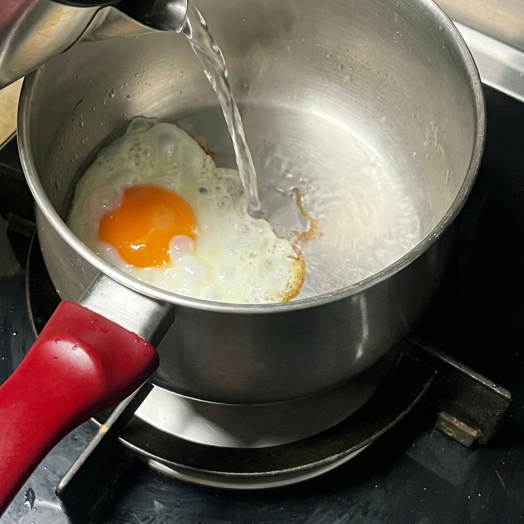 Acqua calda versata da un bollitore in una pentola contenente un uovo parzialmente cotto.