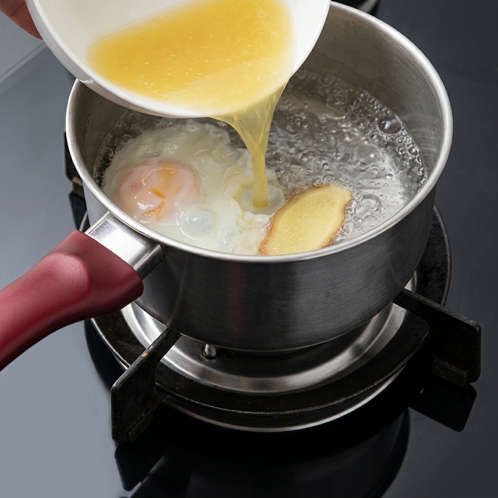 Brodo di pollo avanzato versato da una ciotola nella pentola in ebollizione con un uovo e una fetta di zenzero.
