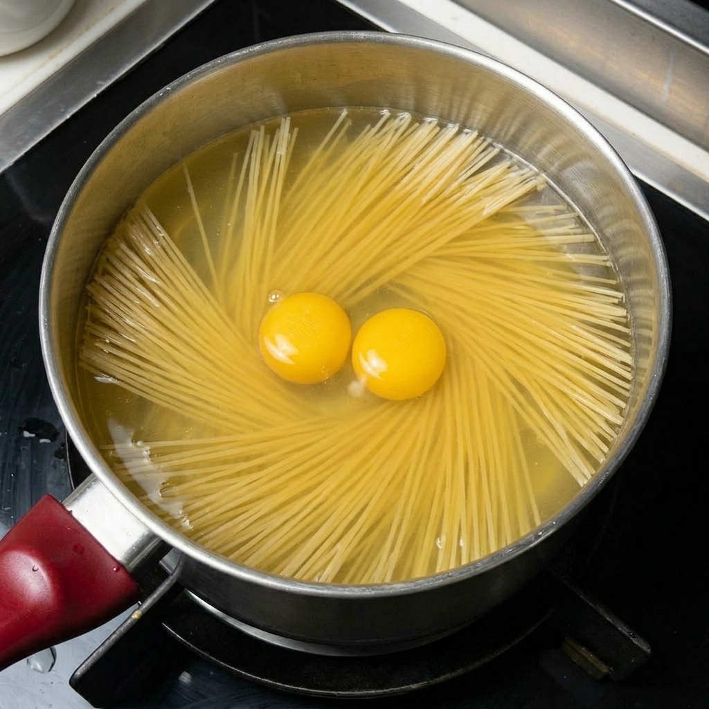 Noodles secchi e fette di prosciutto immersi nel brodo di pollo bollente.