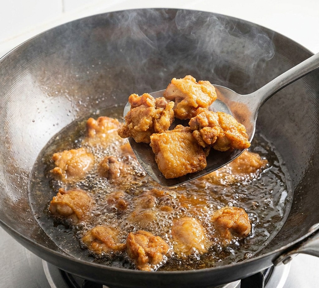 Pezzi di pollo conditi che friggono in un wok caldo con bolle dolio visibili attorno alla carne.
