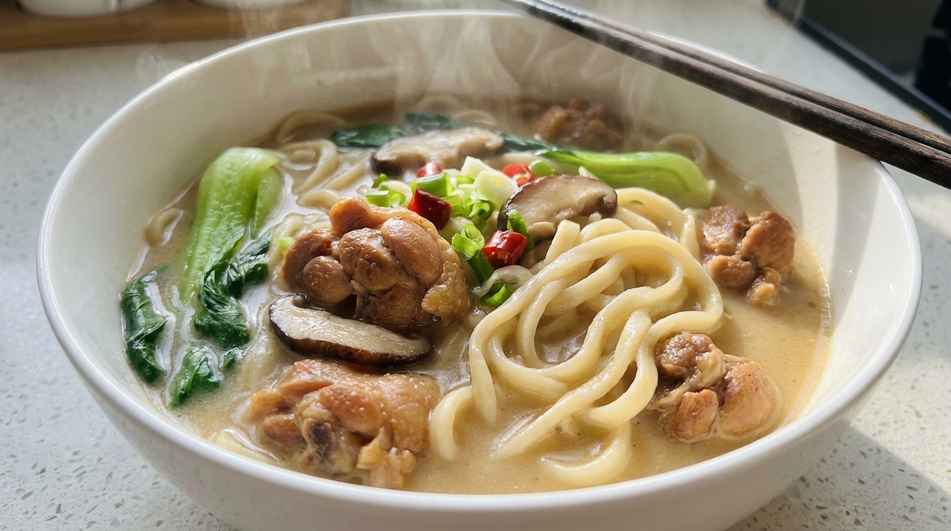 Zuppa di Noodles con Cosce di Pollo Saporite