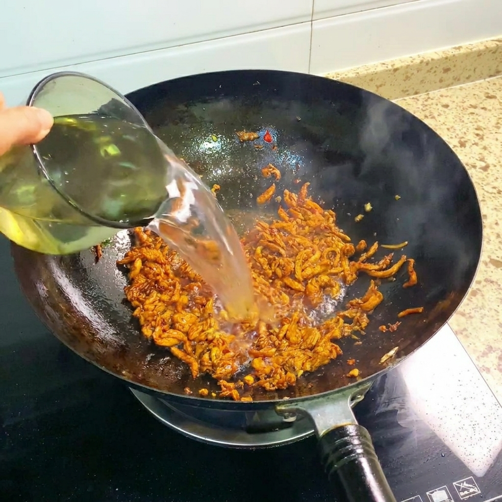 Acqua versata nel wok con il composto di pollo speziato.