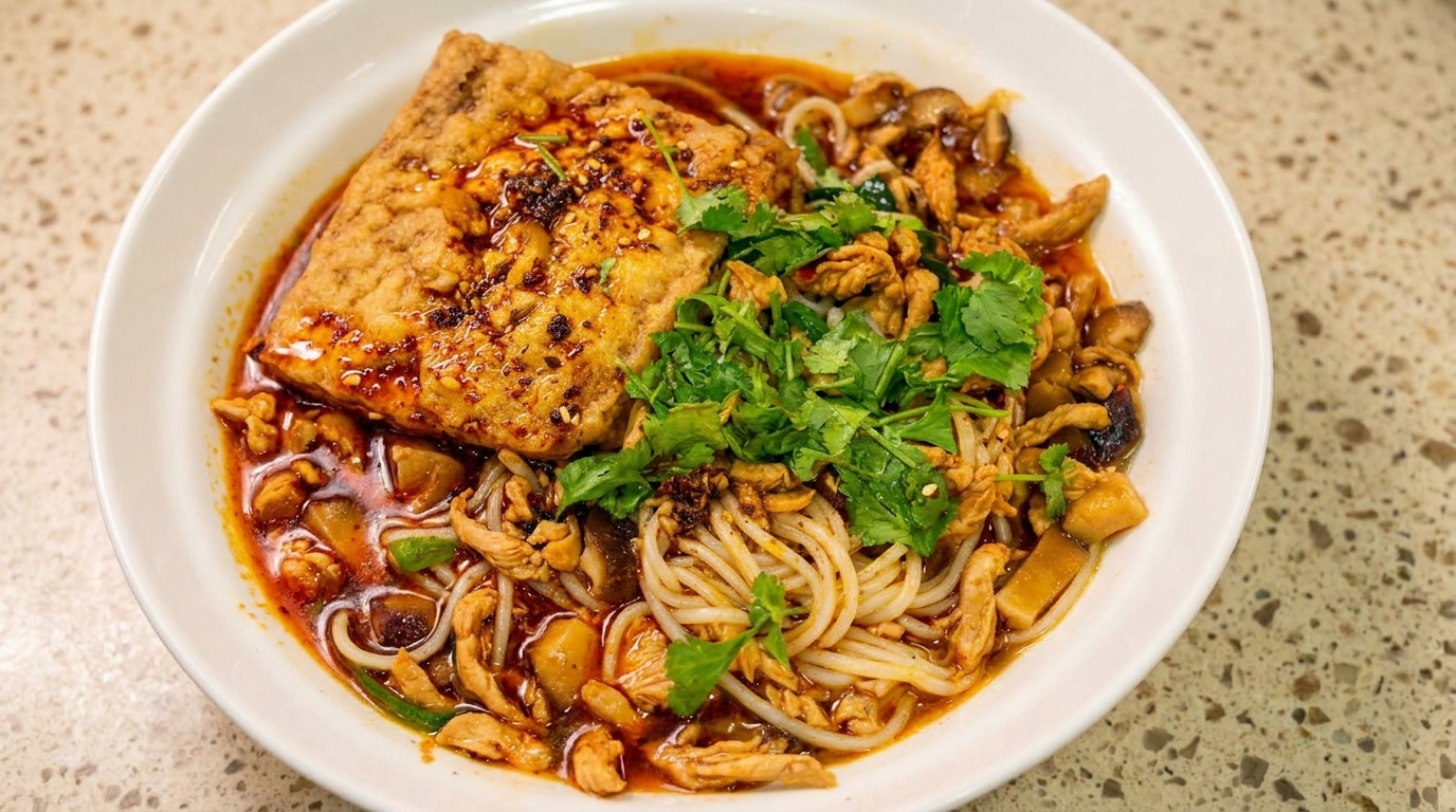 Tagliolini Piccanti al Pollo con Tofu Brasato