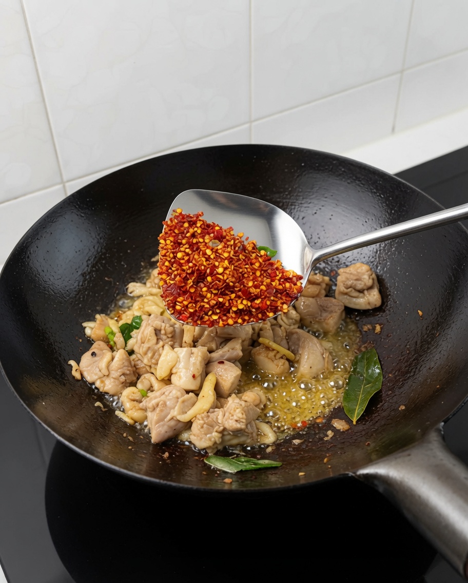 Una spatola metallica che regge peperoncini tritati sopra il wok con pollo e aromi.