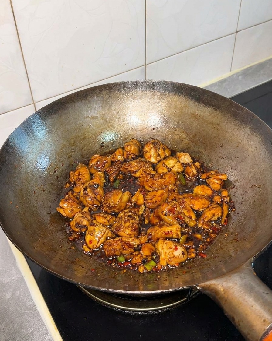 Il pollo e il mix di salse nel wok dopo laggiunta di spezie e condimenti.