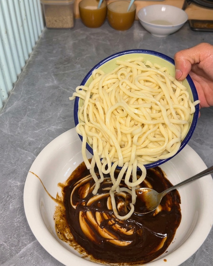 Noodles appena cotti aggiunti a una ciotola con la base di salsa scura al sesamo.